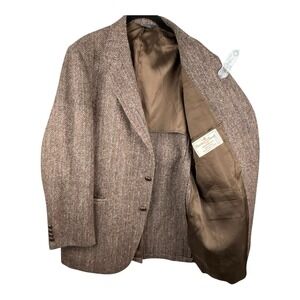 Vtg Harris Tweed Mens Blazer Herringbone Sport Coat 100% Wool USA Sz 44L Brown